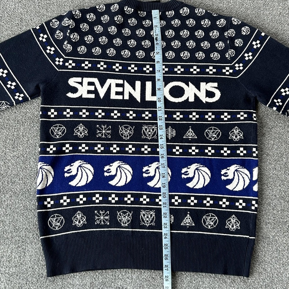 Seven Lions Sweater Mens‎ XL Navy Blue Knit Crewneck Holiday EDM Rave Graphic - Picture 7 of 10